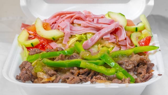 Pepper Steak, White Rice & Chef Salad.