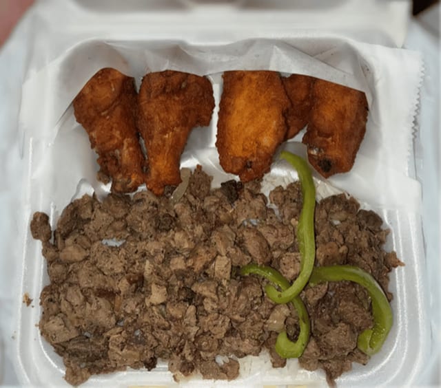 Pepper Steak & Rice with Chicken Wings.